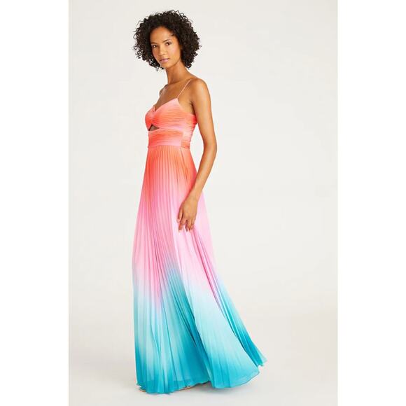 Amur Sleeveless Front Cut Out Emmet Pleated Chiffon Gown Ombre Sunset Size 4 - Picture 5 of 16
